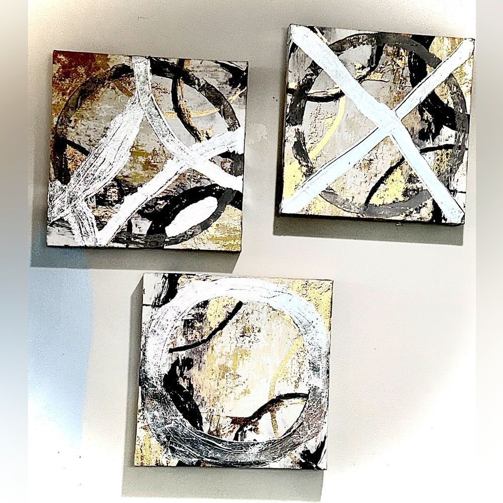 3 - 12”x12”x1”  Abstract Silver Leaf & Acrylic Canvas Art